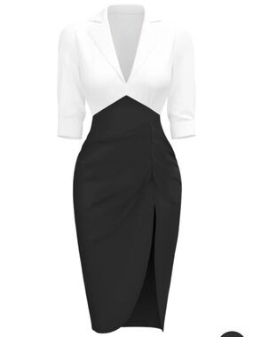 White & Black 1960s Notched Collar Ruched Bodycon Dress